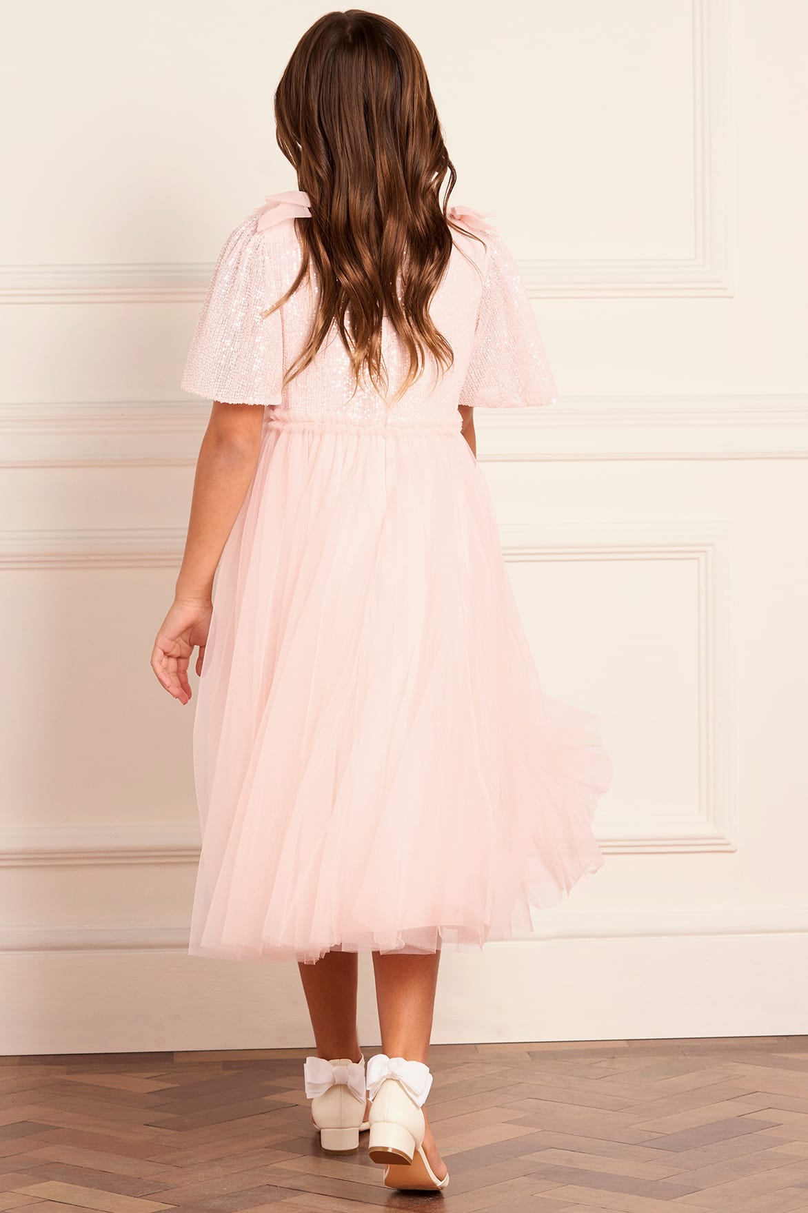 Needle & Thread Paloma Bow Kids Dress sukienka beżowa z kokardą