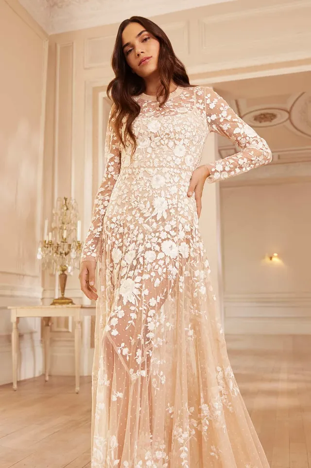 Needle & Thread Rosa Sheer Ankle Gown sukienka beżowa z haftem