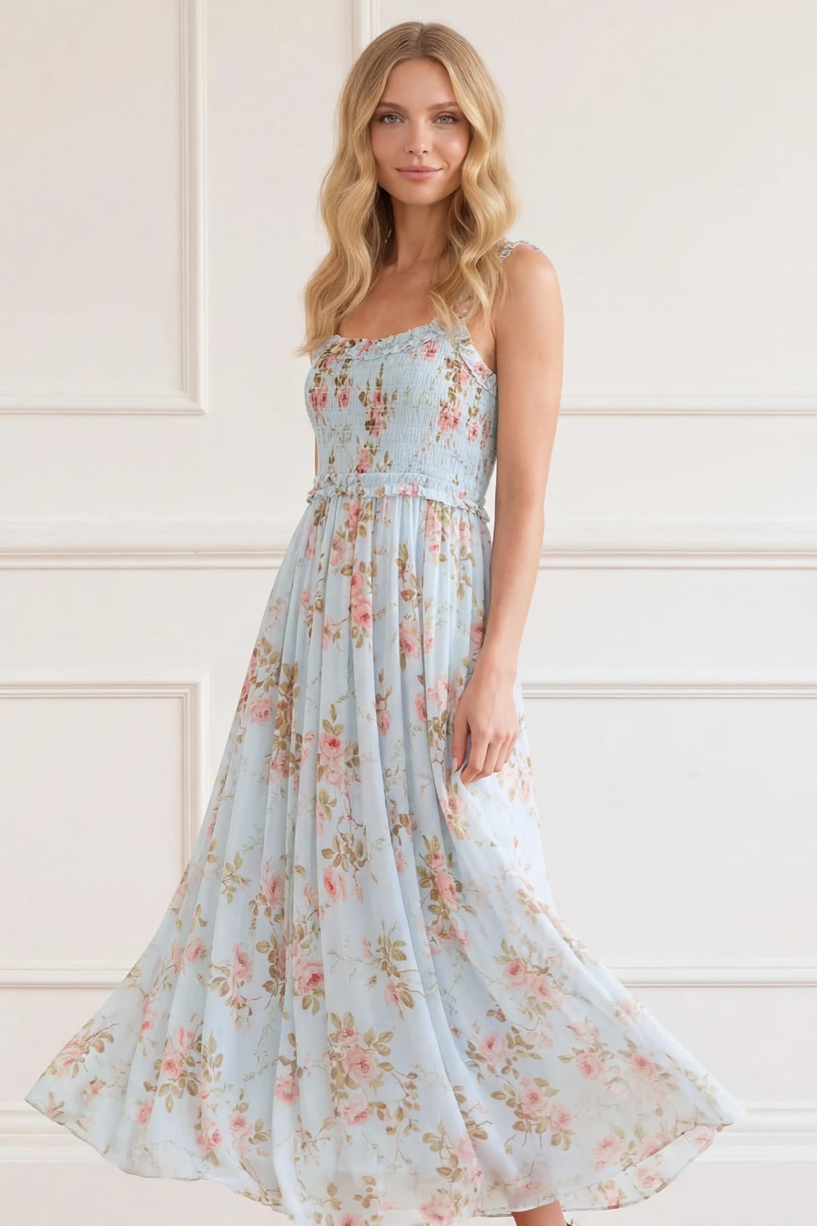 Needle & Thread Summer's Rose Chiffon Gown sukienka Blue kwiatowa