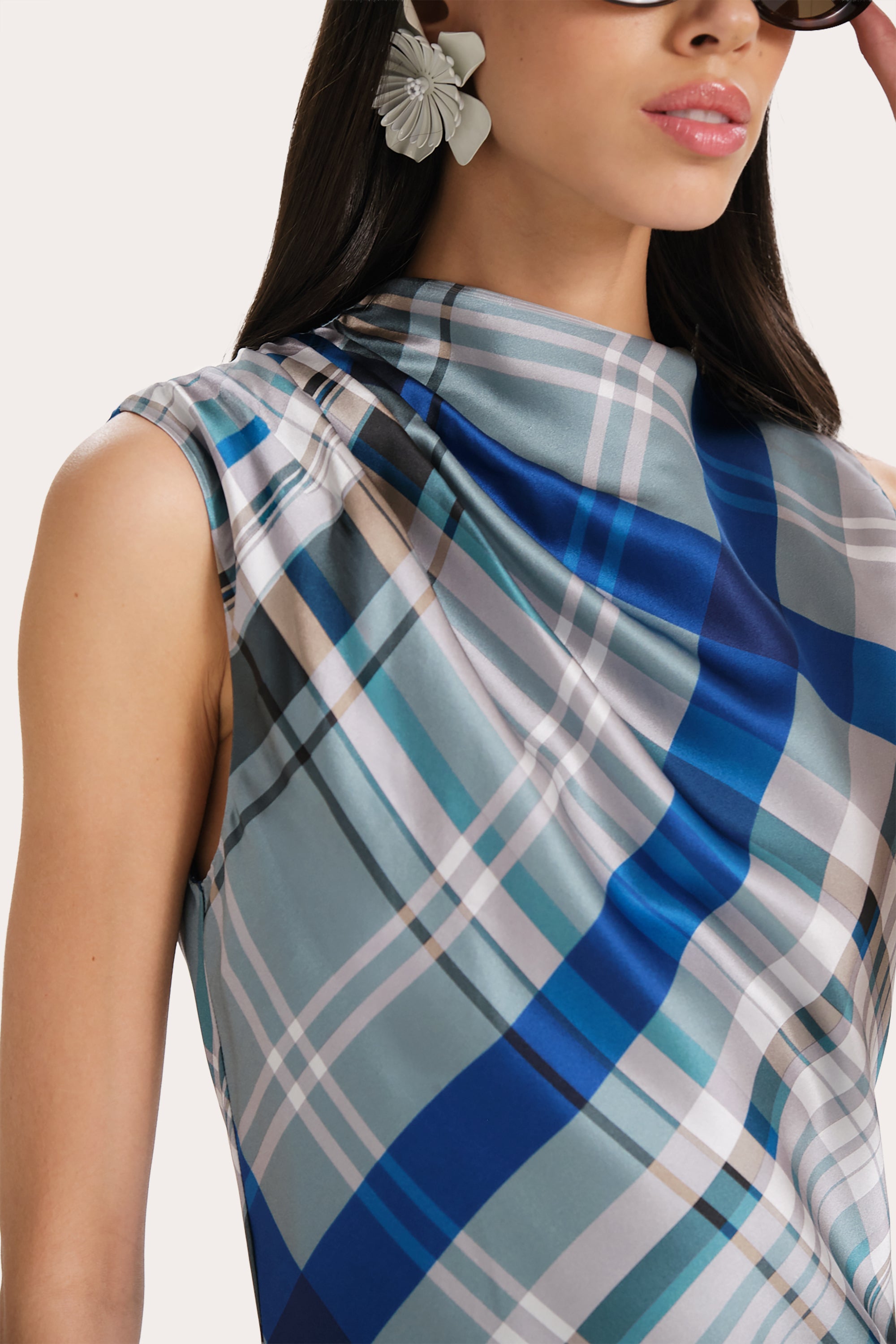 Elie Tahari Grace sukienka Blue Multi jedwabna midi