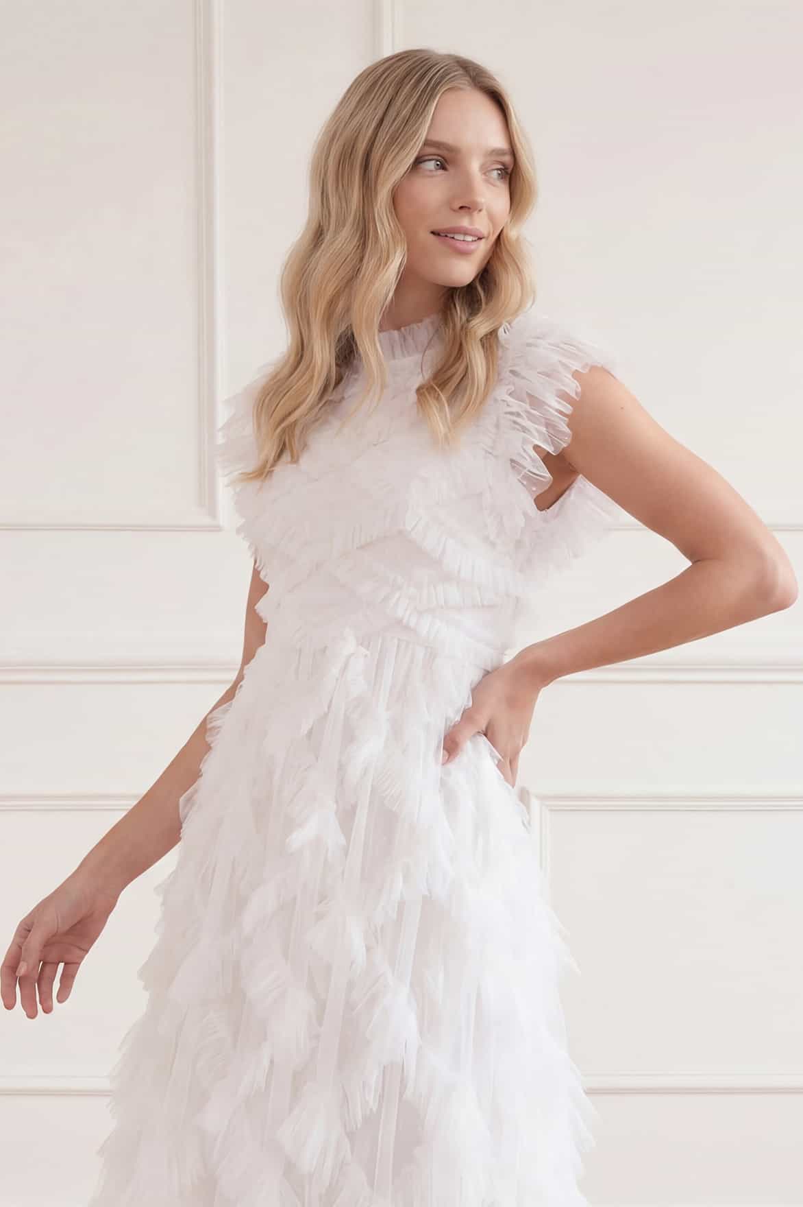 Needle & Thread Genevieve Ruffle Gown sukienka biała falbanki