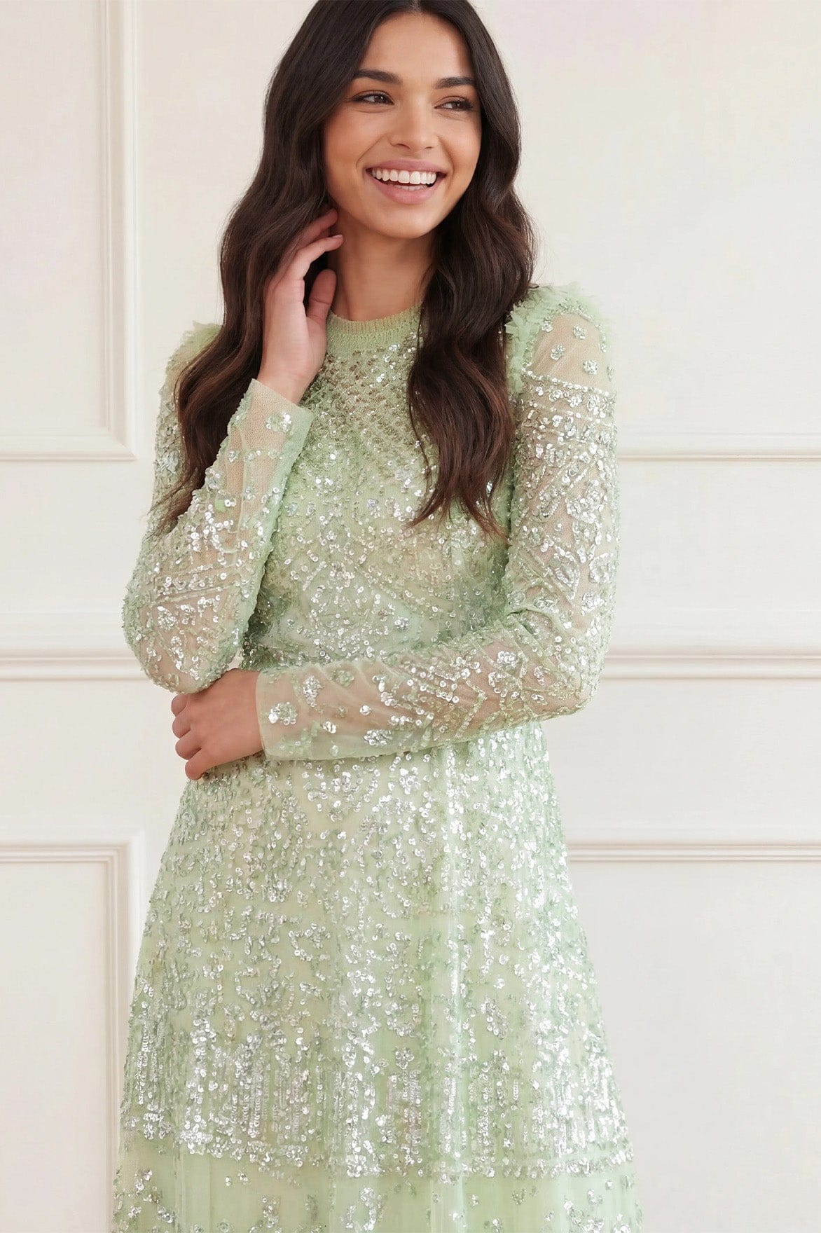 Needle & Thread Aurora Gown suknia zielona cekinowa maxi