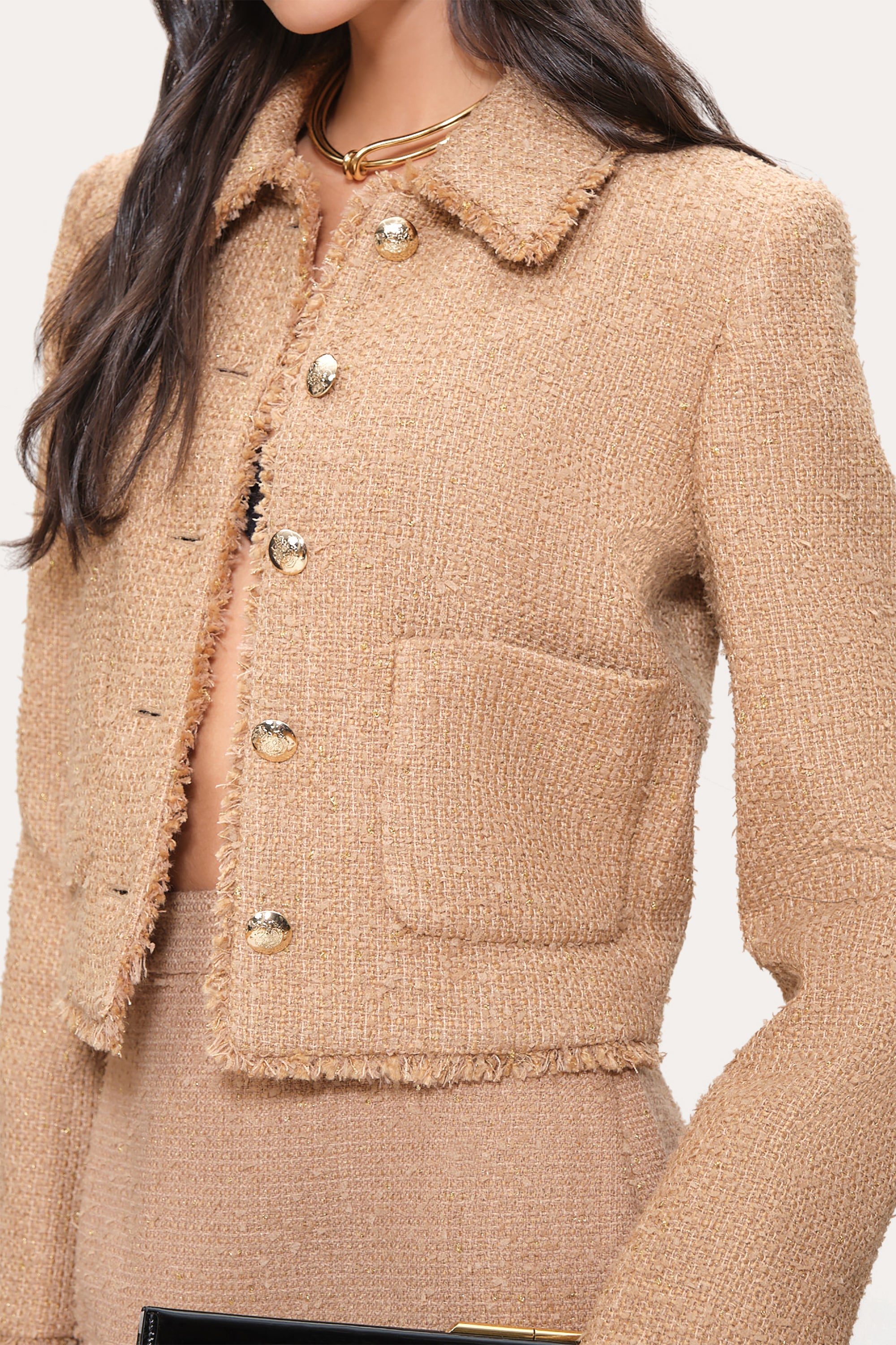 Elie Tahari Boucle Tweed żakiet Camel Multi krótki