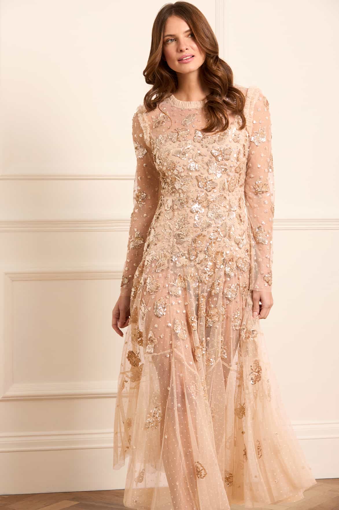 Needle & Thread Papillon Sheer Ankle Gown suknia Parchment
