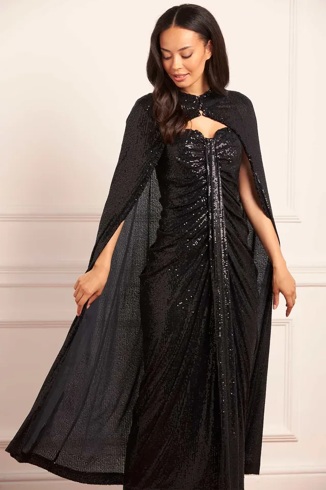 Needle & Thread Amora Long Cape peleryna czarna cekiny