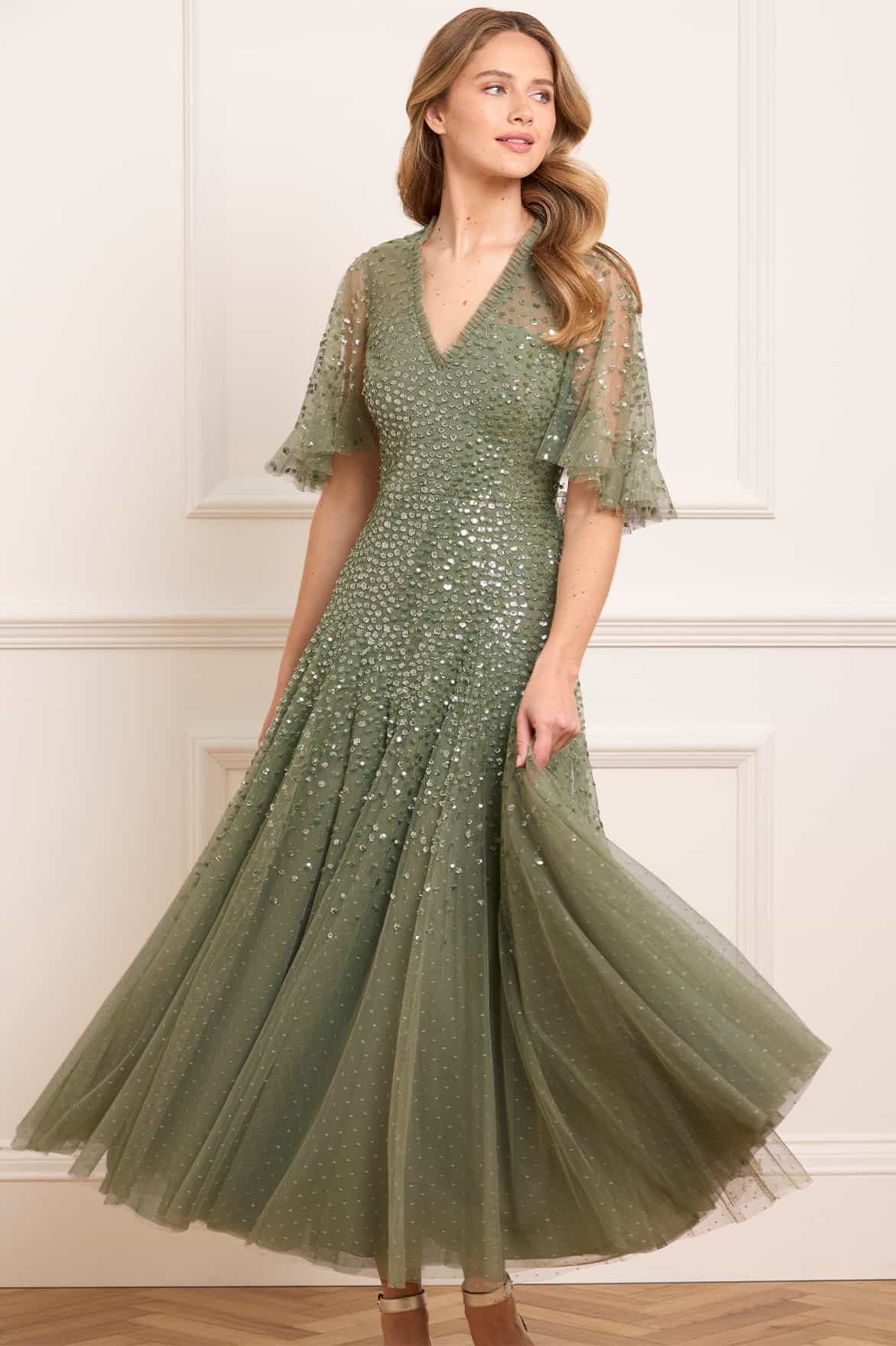 Needle & Thread Dappled Sequin Cape Ankle Gown sukienka zielona
