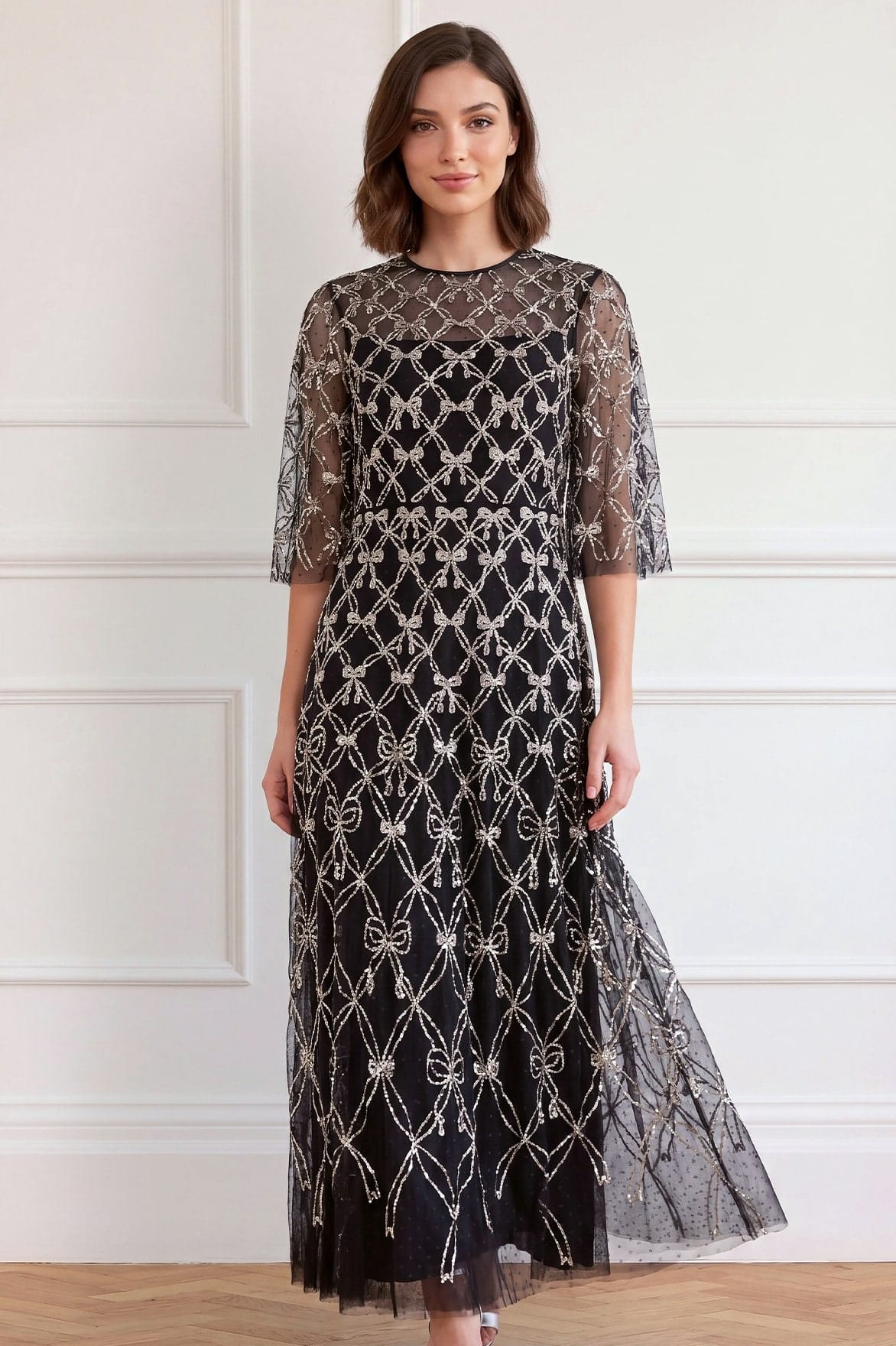 Needle & Thread Bow Lattice Round Neck Ankle Gown sukienka czarna