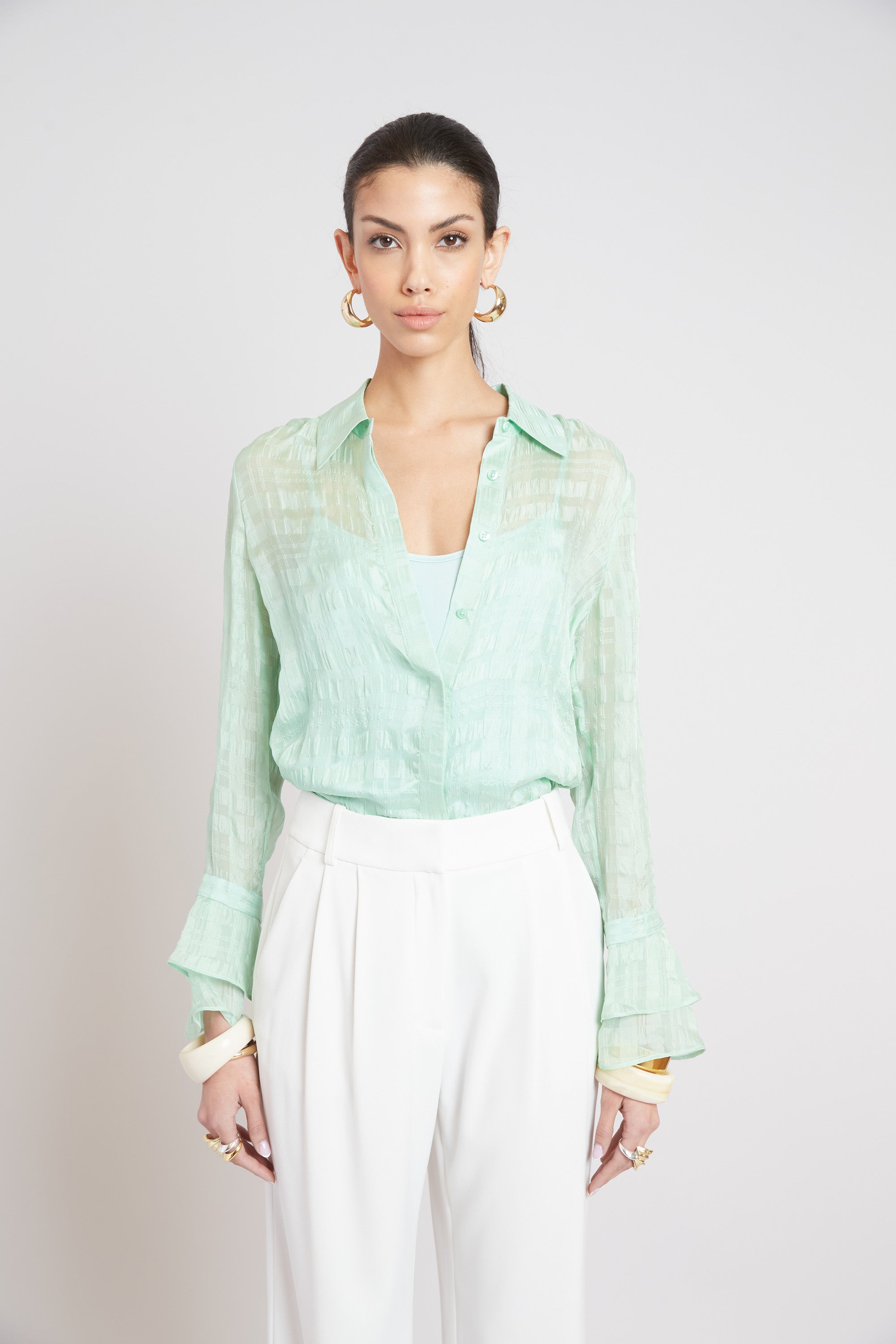 Elie Tahari Plaid Jacquard koszula jedwabna Mint