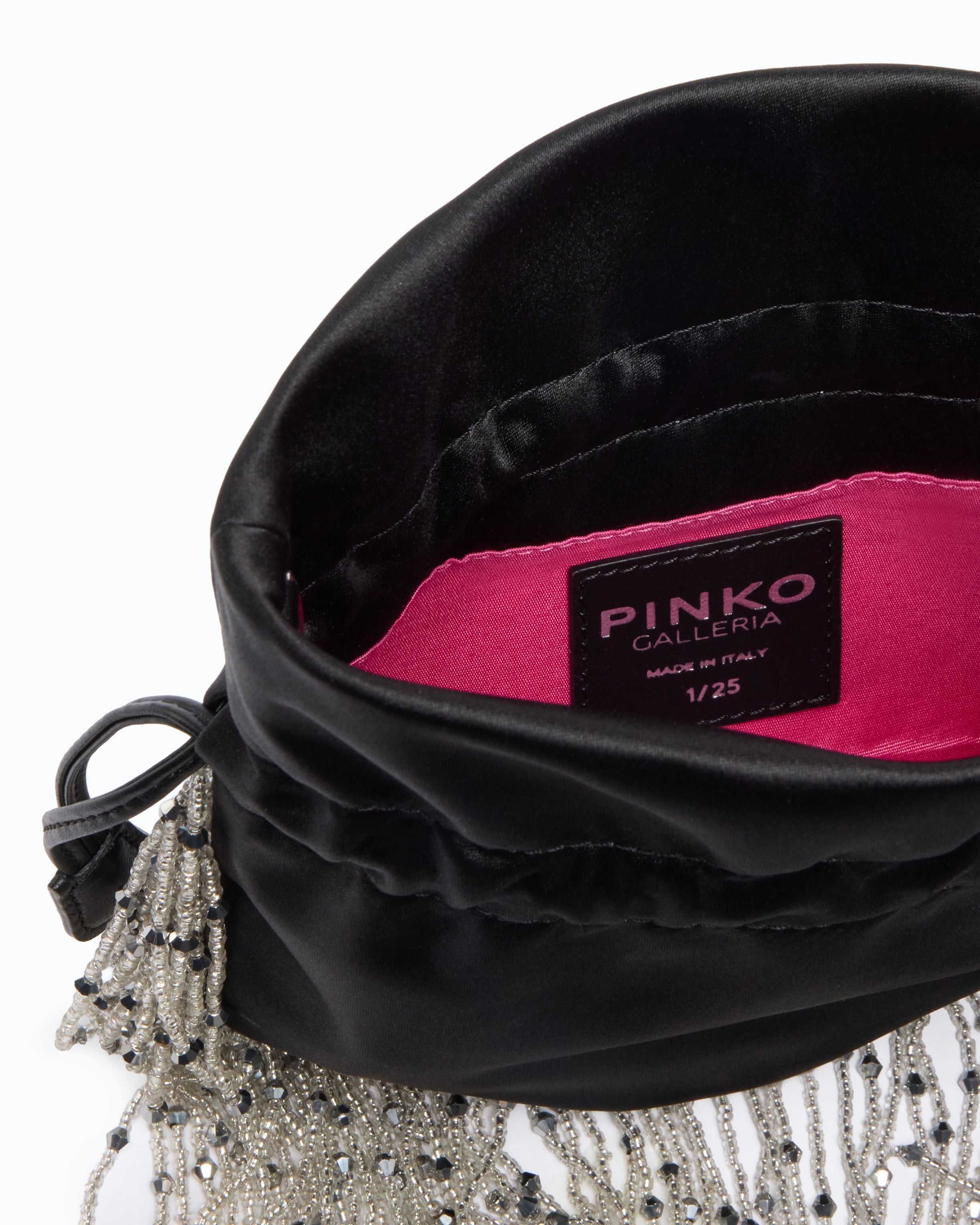 Pinko Galleria torebka satynowa czarna frędzle pouch