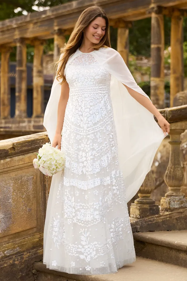 Needle & Thread Anais Sequin Cape Gown suknia biała