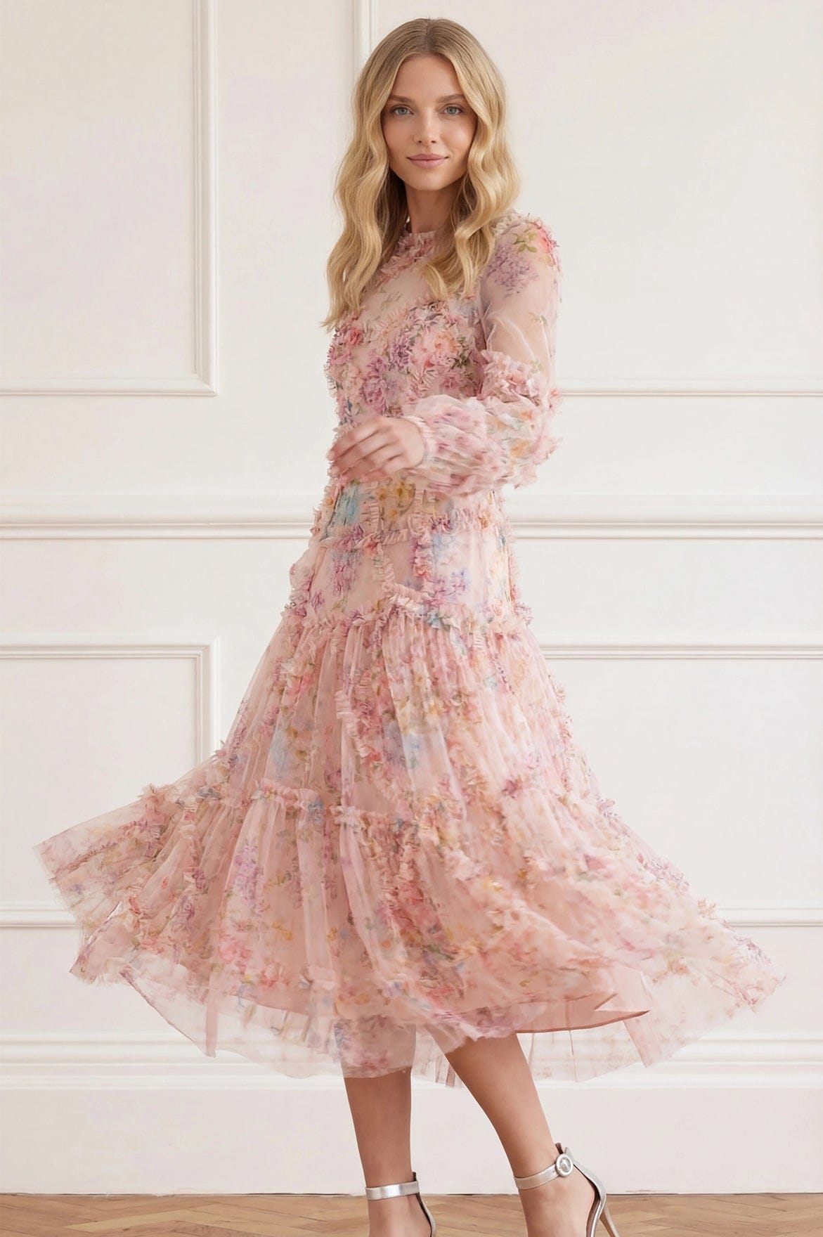 Needle & Thread Floral Diamond Ruffle Ballerina Dress sukienka multi nadruk