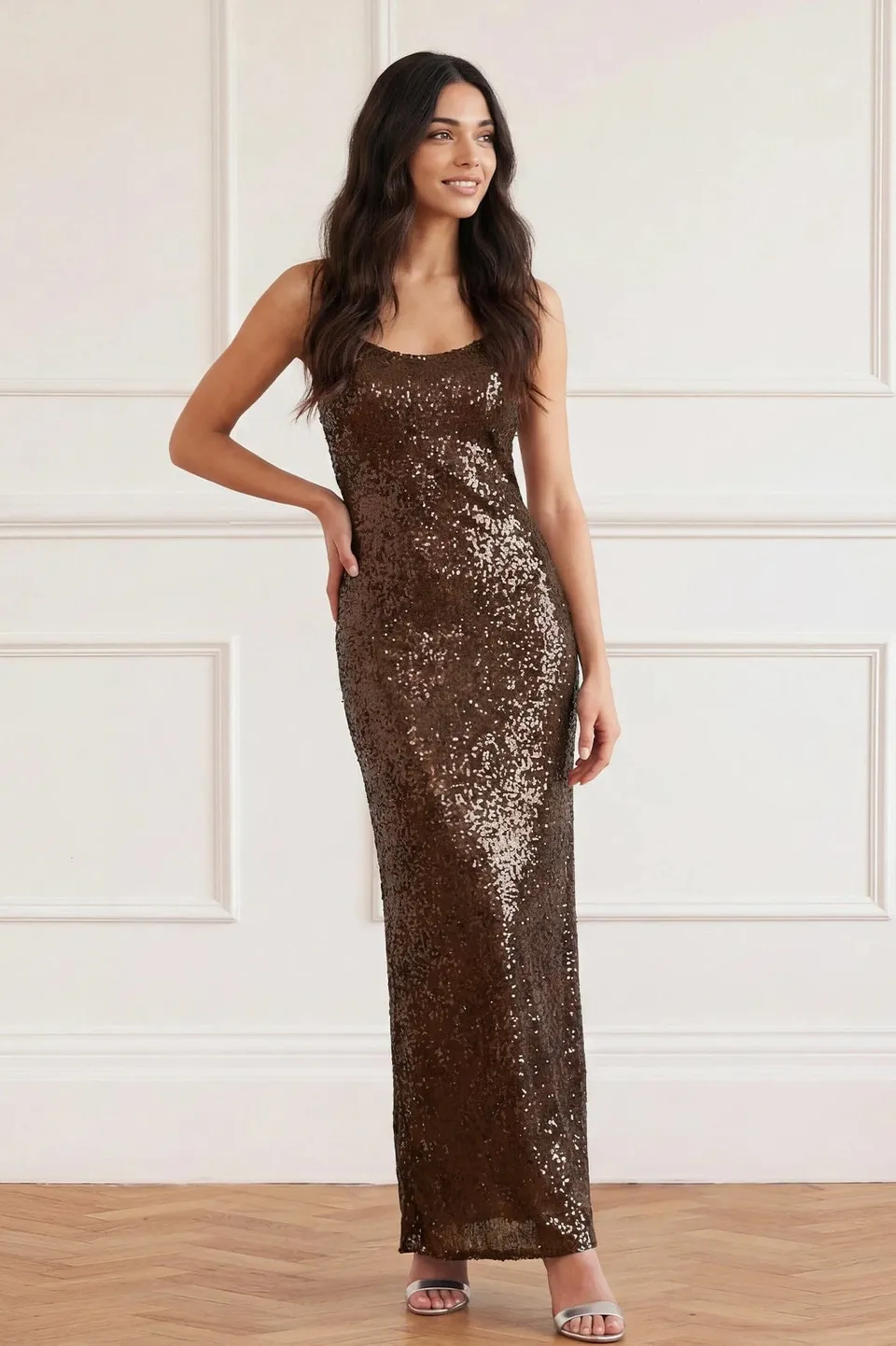 Needle & Thread Yvonne Sequin Cami Gown suknia Brown cekinowa