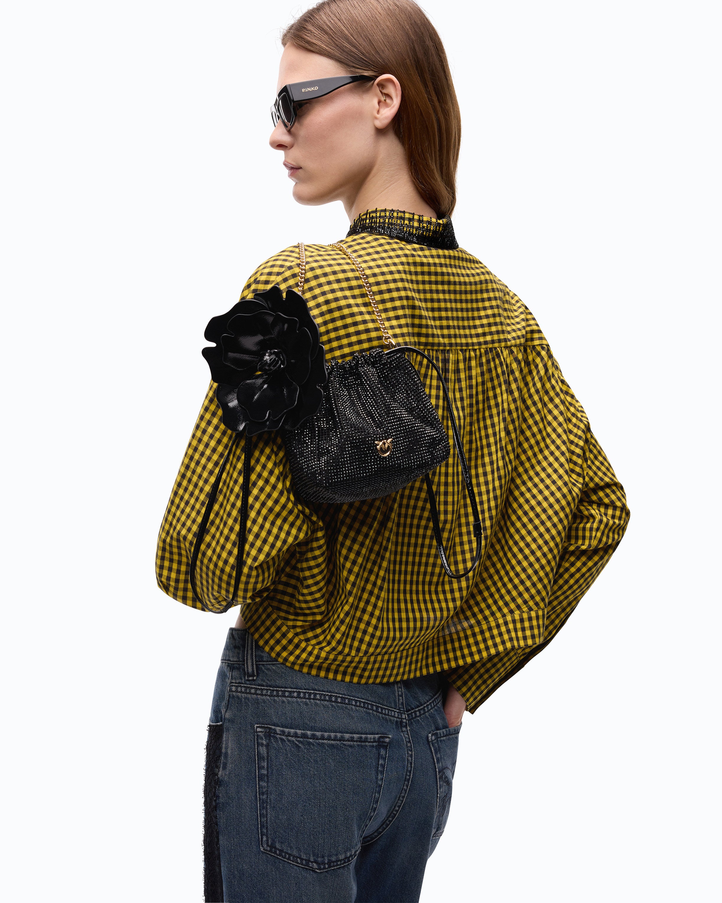 Pinko Pouch Flower torebka kubełkowa czarna kryształki