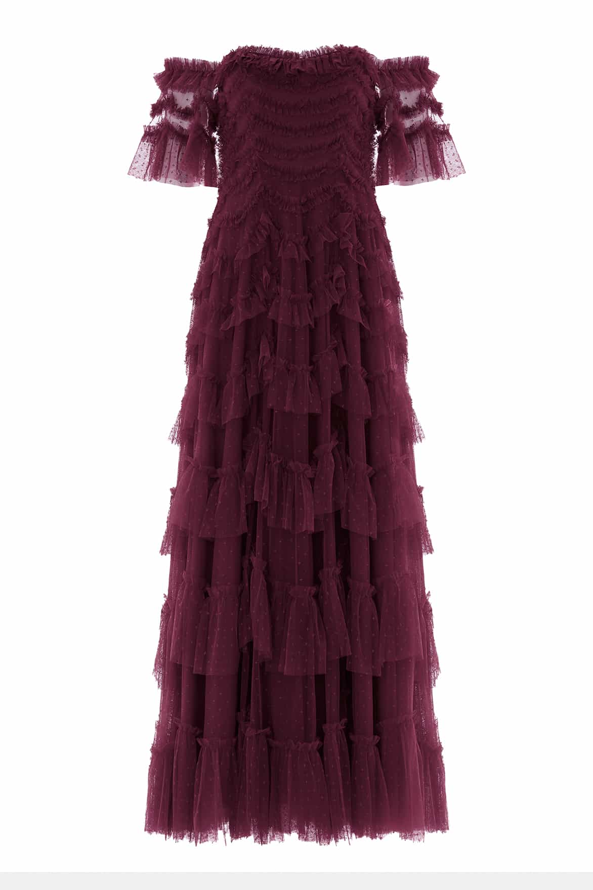 Needle & Thread Aviana Off-Shoulder suknia bordowa maxi