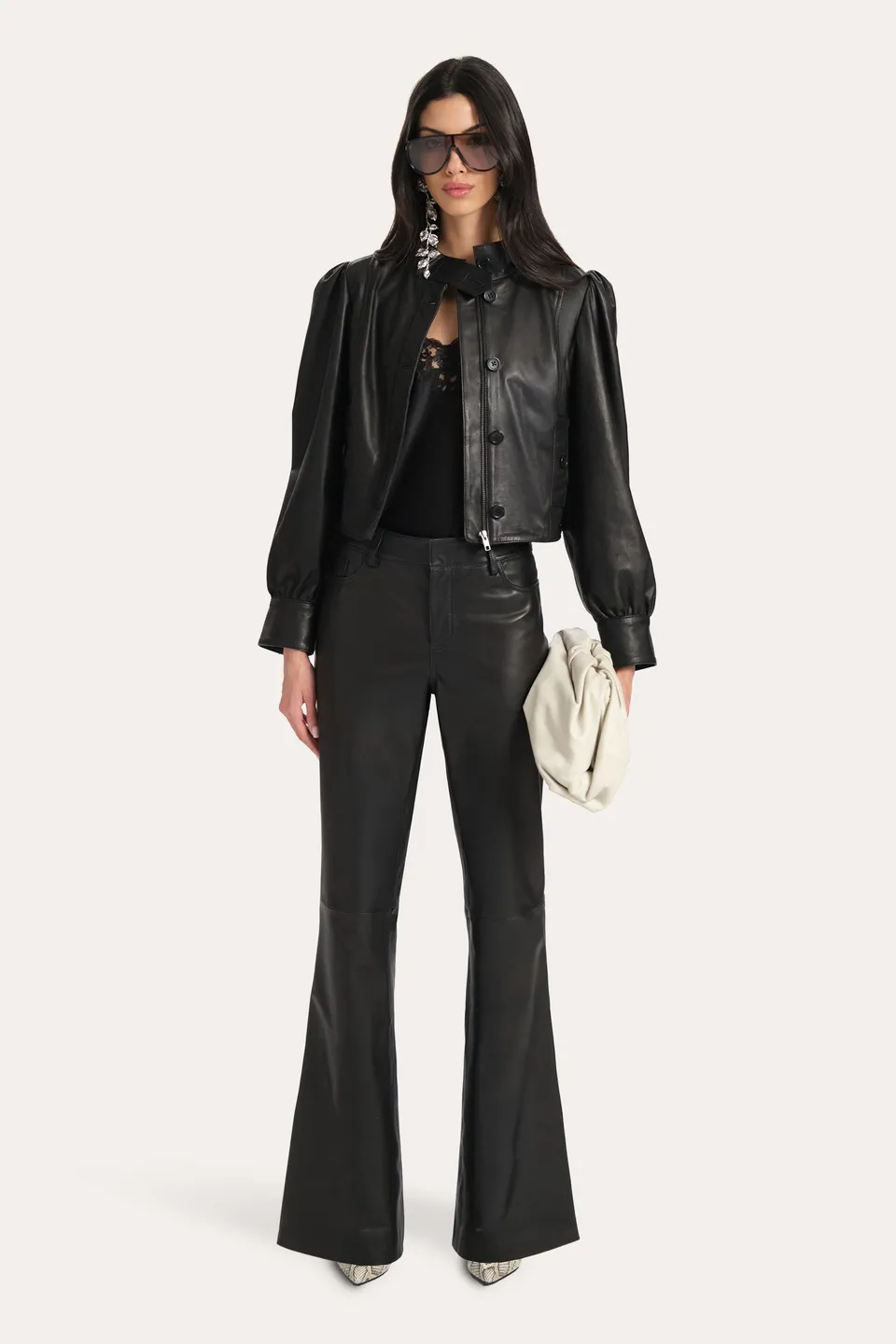 Elie Tahari Anouk spodnie skórzane Black Onyx wysoki stan