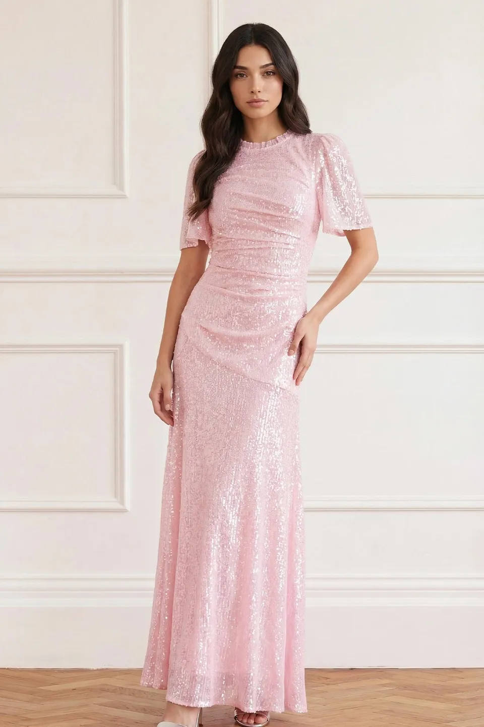 Needle & Thread Valentina Round Neck Gown suknia Pink cekiny