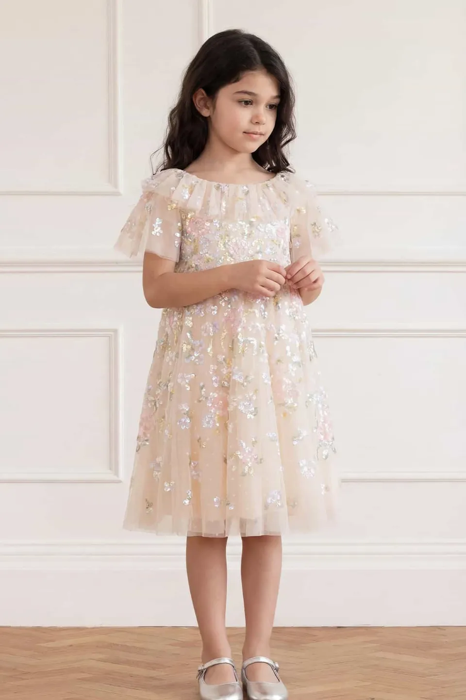 Needle & Thread Peony Bouquet Sequin Kids Dress sukienka kremowa