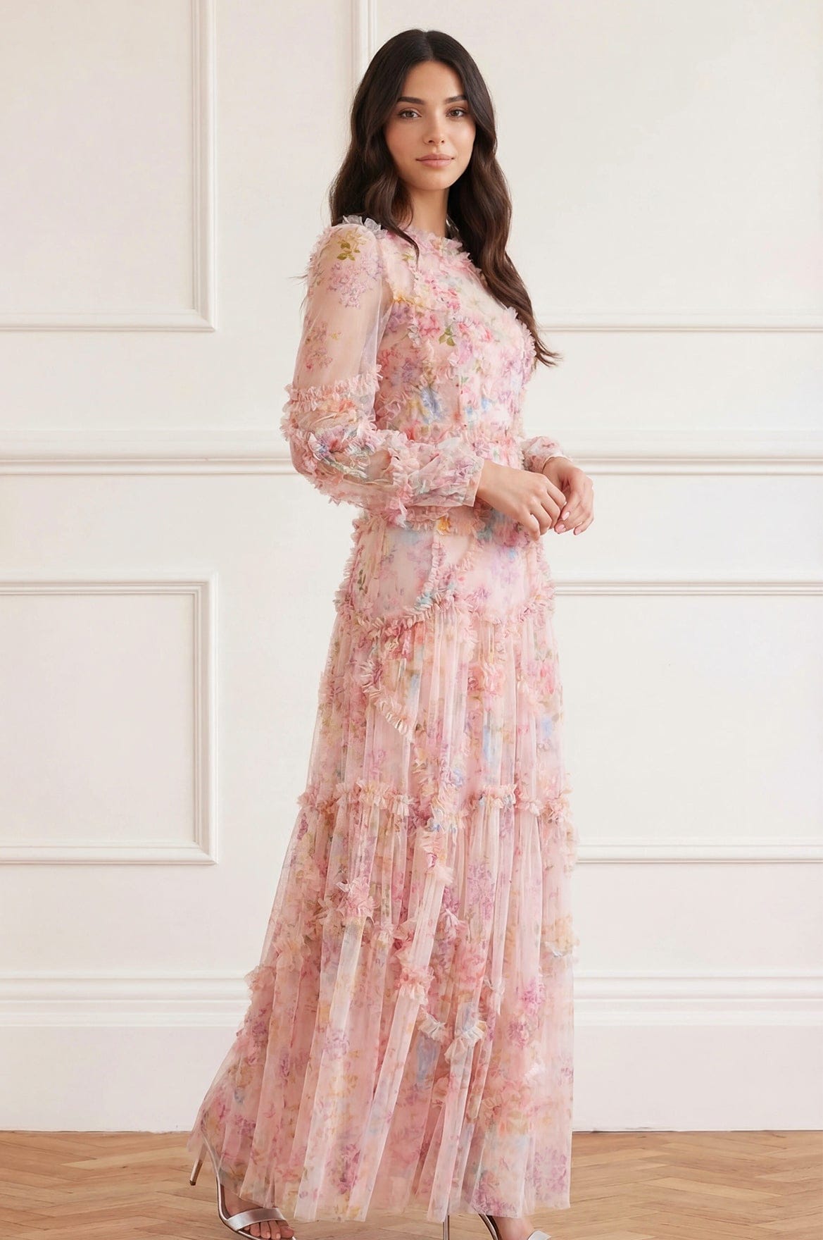 Needle & Thread Floral Diamond Ruffle Gown suknia kwiatowa