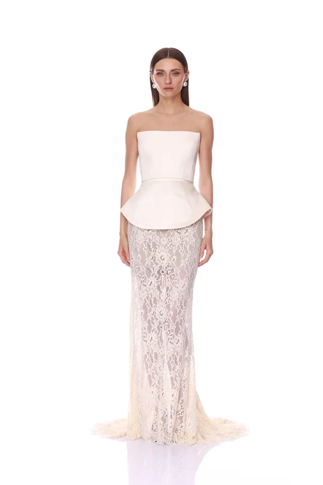 Bronx and Banco Strapless Satin Lace komplet maxi biały