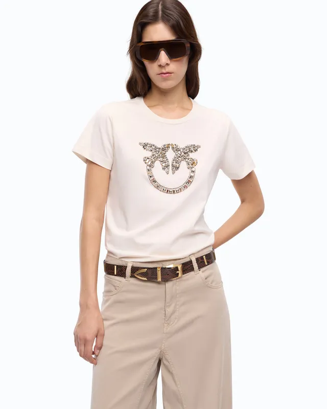 Pinko Love Birds t-shirt bawełniany beżowy kryształki