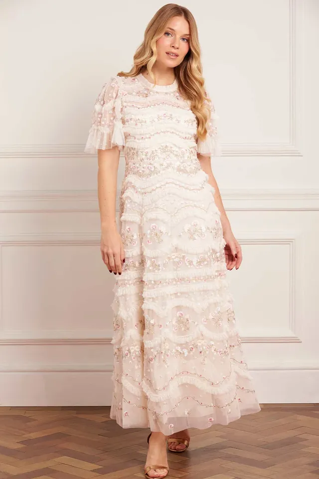 Needle & Thread Marina Ruffle Ankle Gown sukienka kremowa