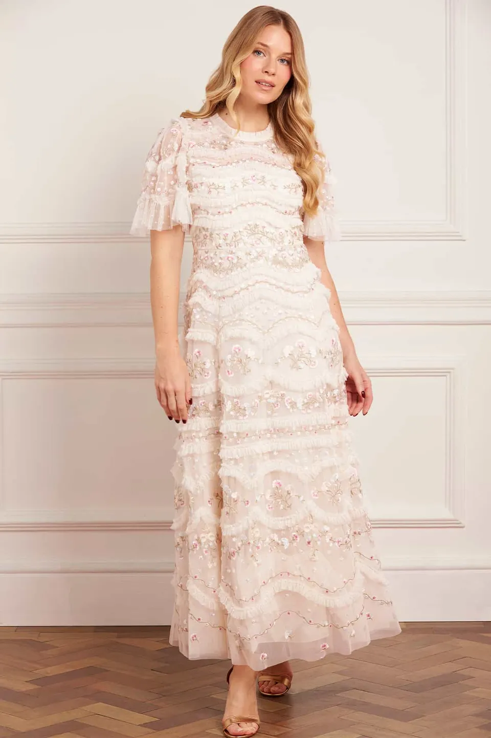 Needle & Thread Marina Ruffle Ankle Gown sukienka kremowa