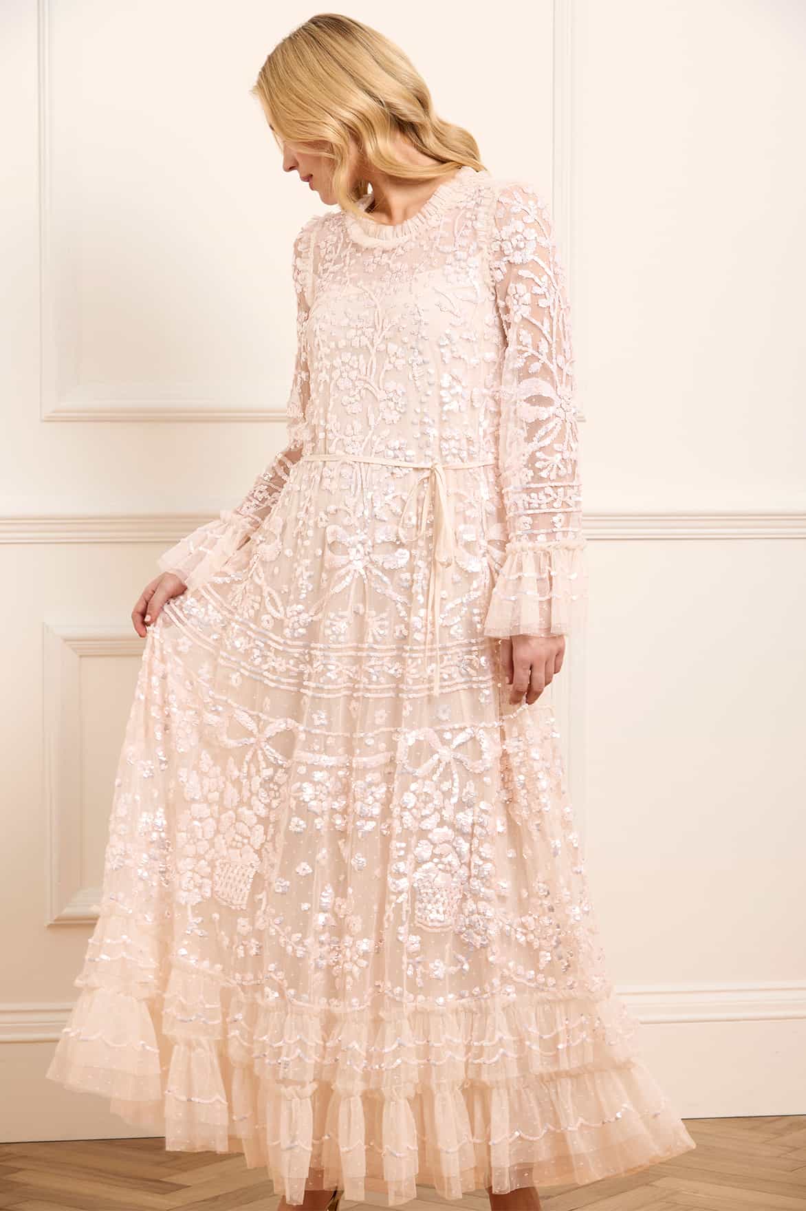 Needle & Thread Celia Ankle Gown suknia kremowa cekiny