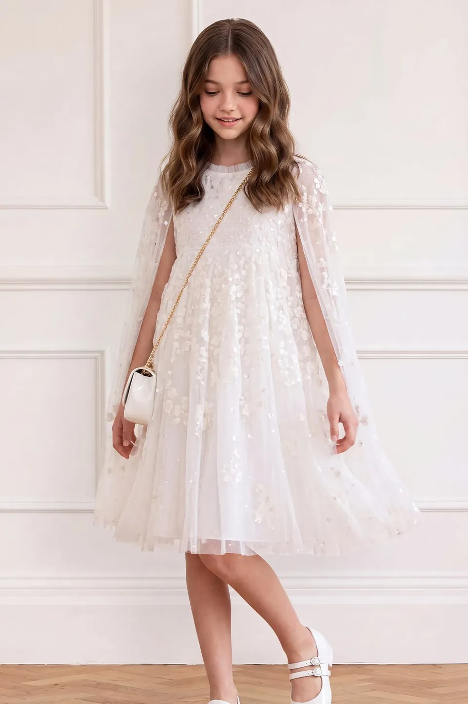 Needle & Thread Versailles Ditsy Kids Dress sukienka biała z peleryną