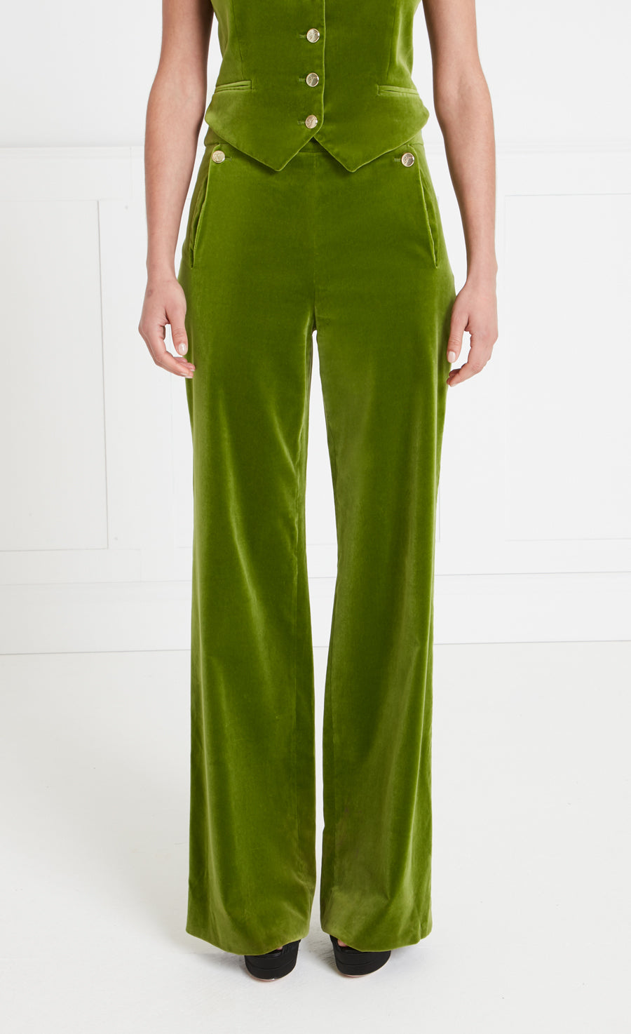 Temperley London Clove Velvet Waisted Trousers spodnie chartreuse wysoki stan