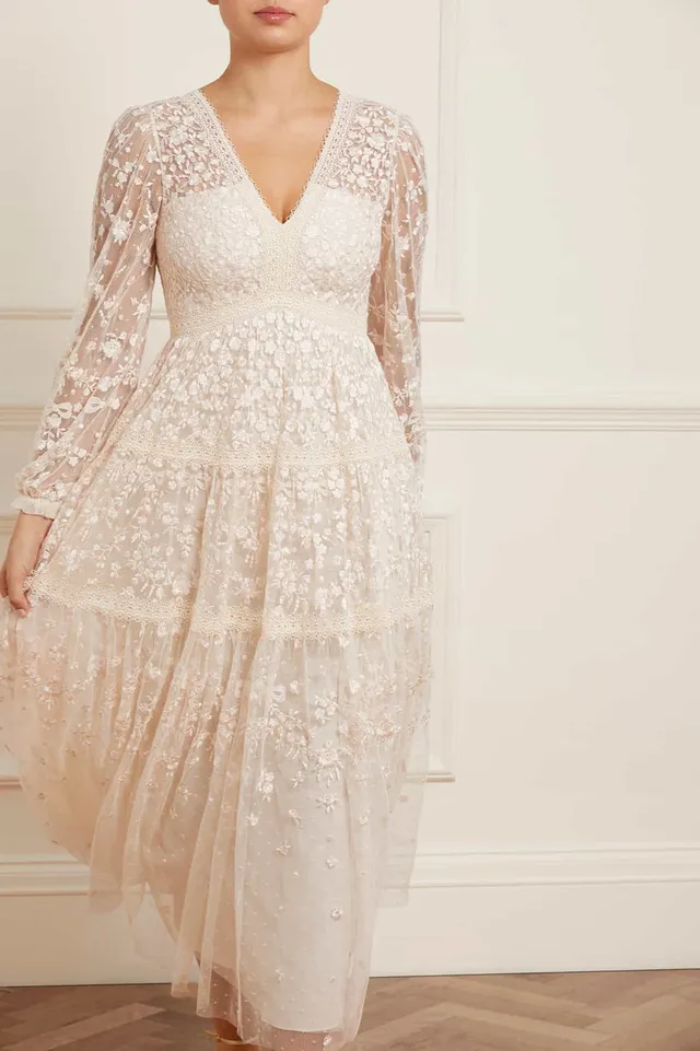 Needle & Thread Celestia Ribbon Ankle Gown sukienka kremowa haftowana