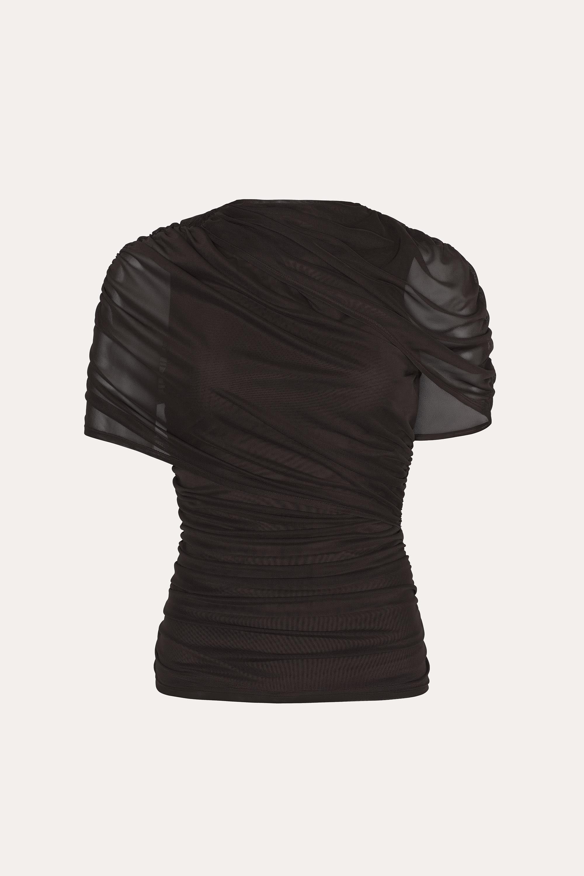 Elie Tahari Gaia Draped Mesh Top top czarny marszczony