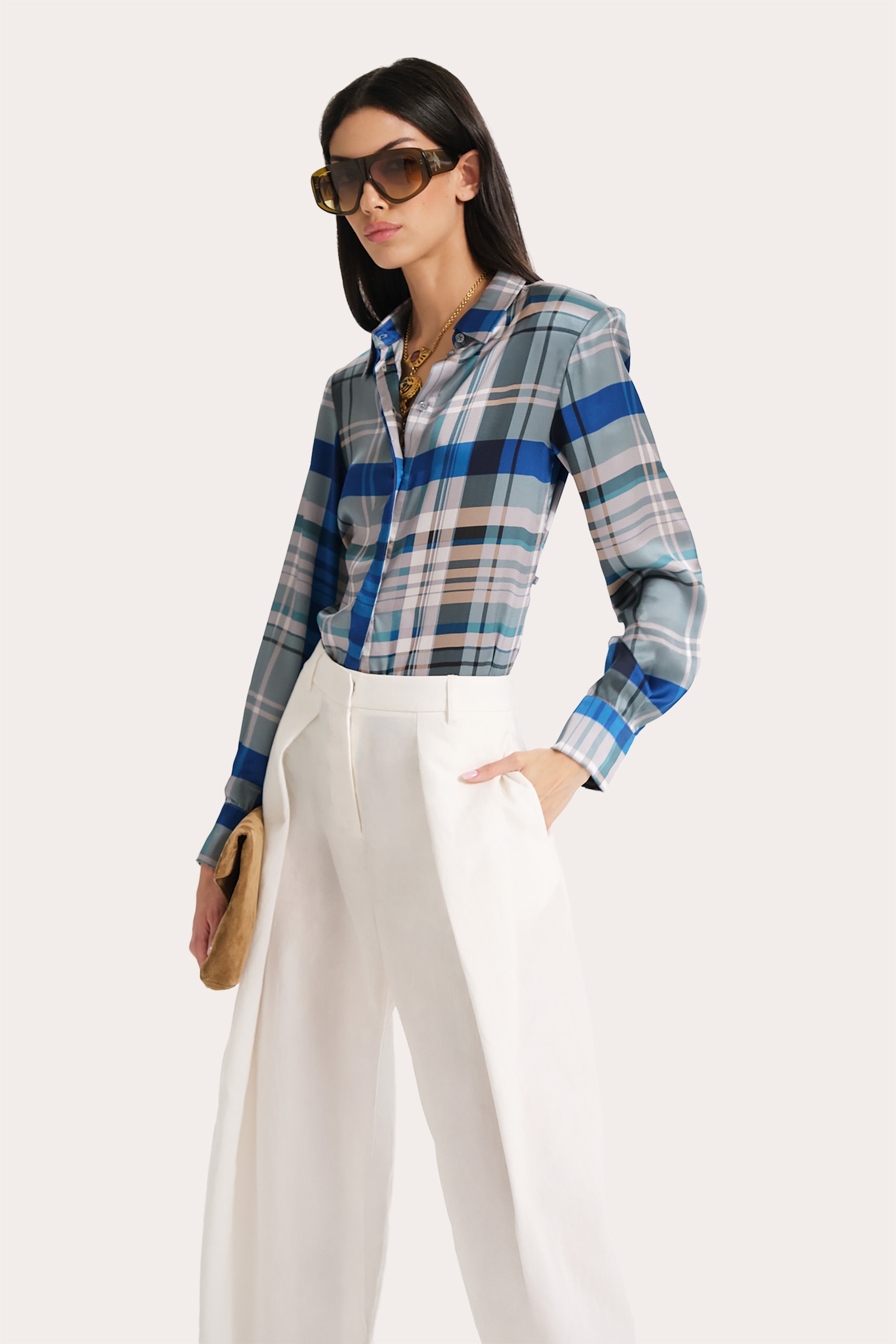 Elie Tahari Emma bluzka jedwabna w kratkę Blue Multi