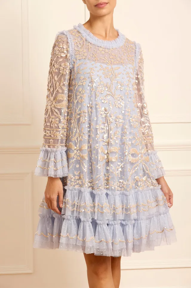 Needle & Thread Celia sukienka mini Blue cekinowa długi rękaw