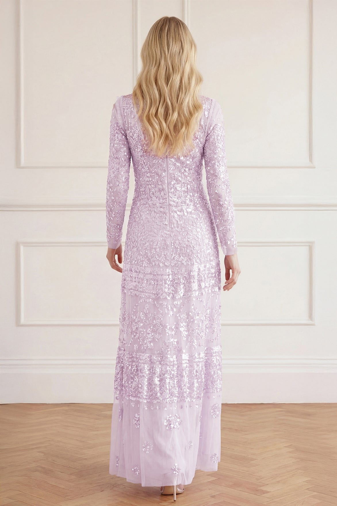Needle & Thread Aurora Gown sukienka liliowa cekinowa maxi