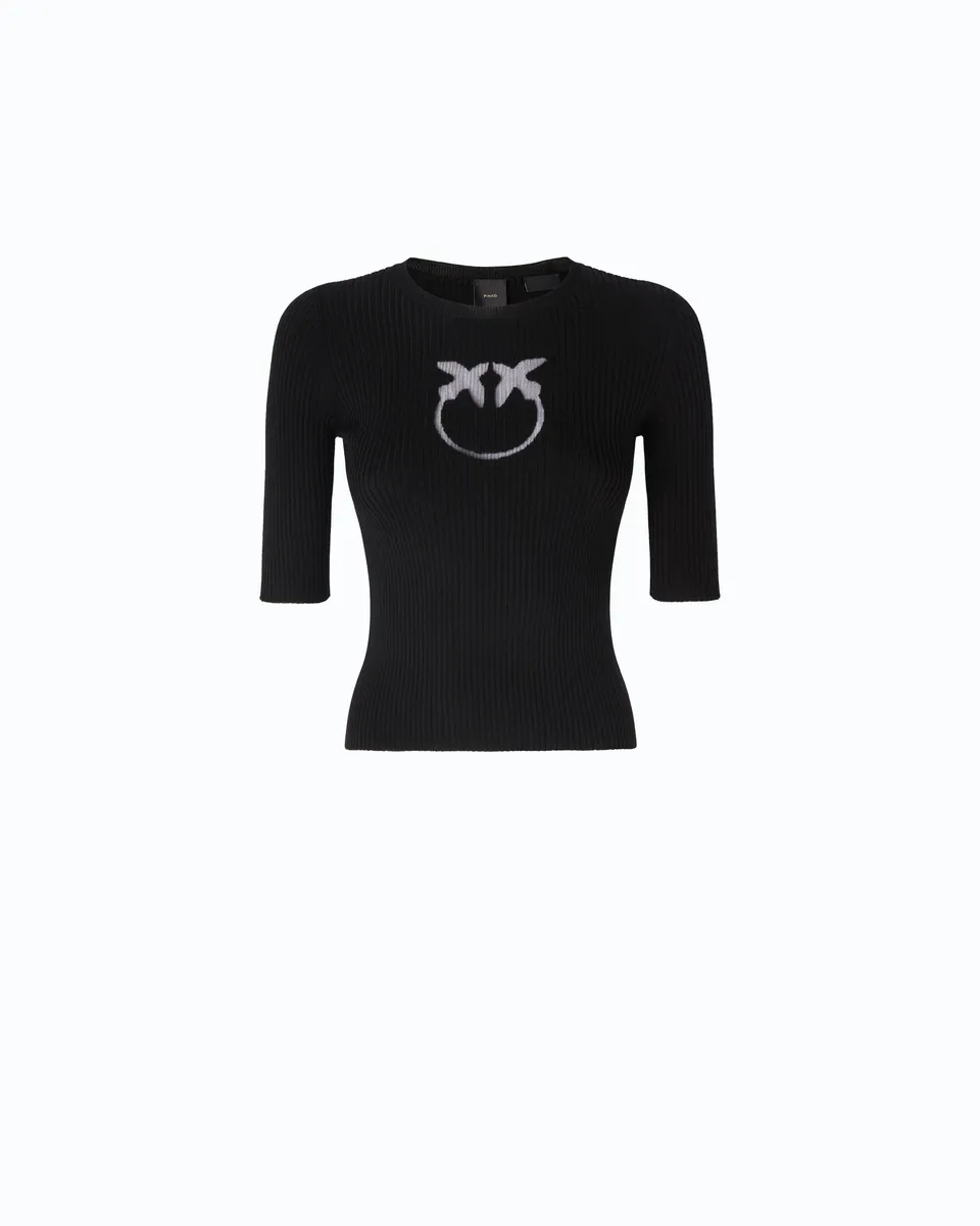 Pinko Love Birds sweter wełniany krótki rękaw prążki
