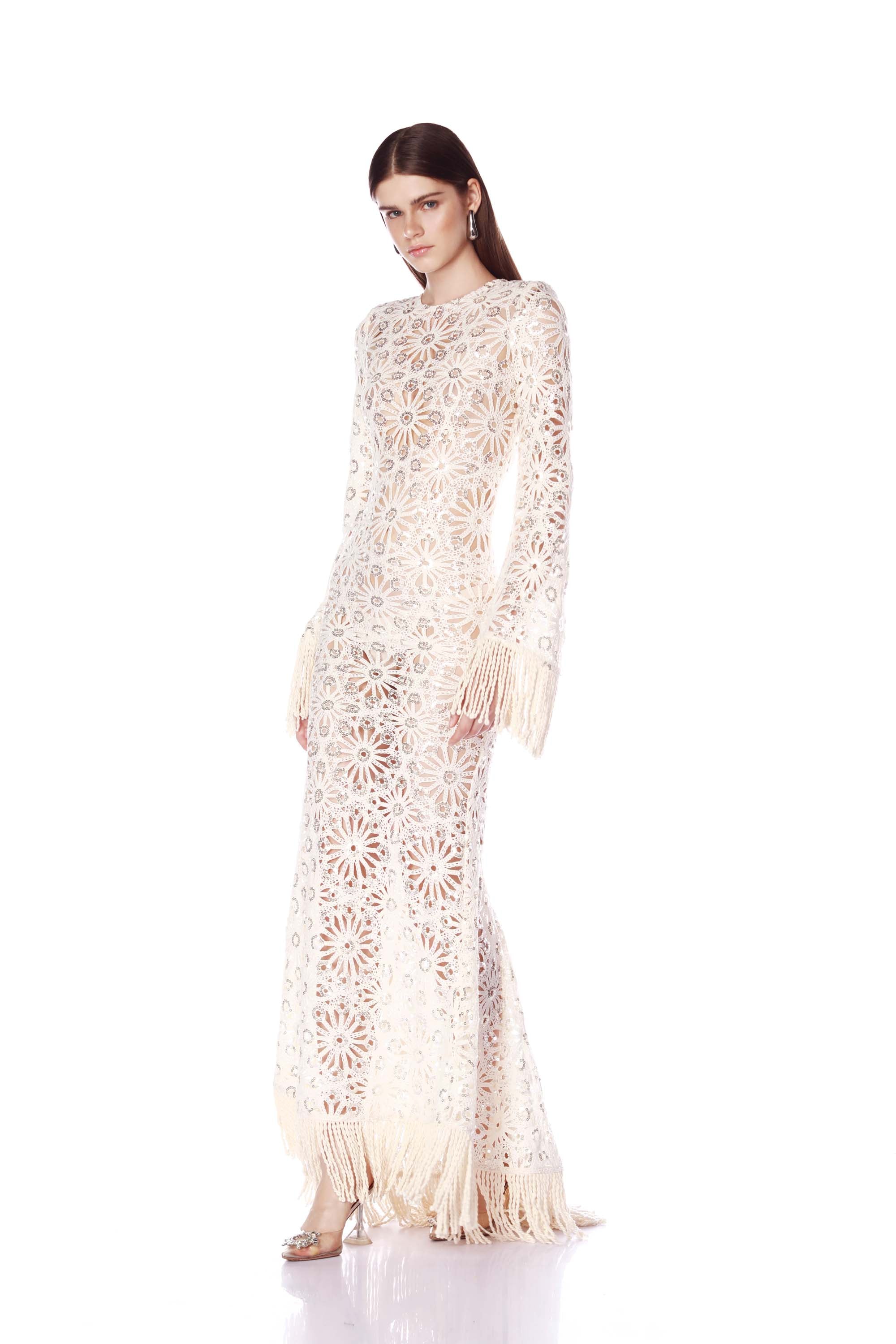 Bronx and Banco Mia Crochet sukienka wieczorowa Cream maxi ażurowa