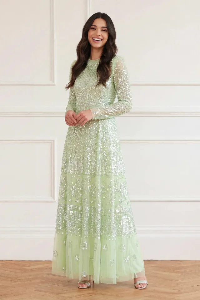 Needle & Thread Aurora Gown suknia zielona cekinowa maxi