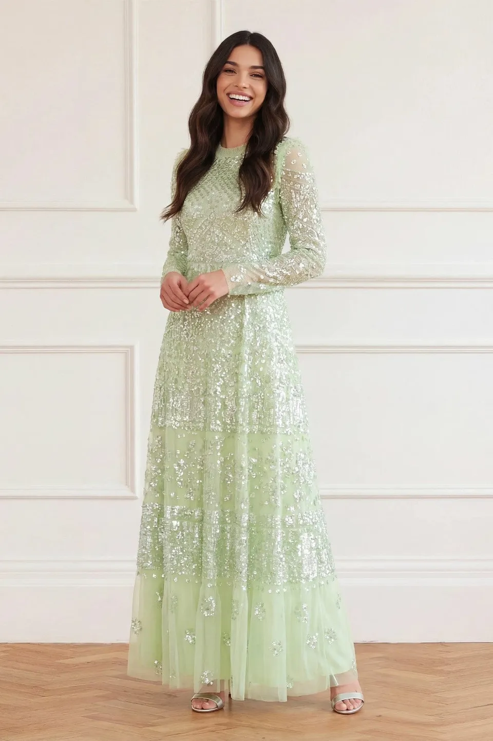 Needle & Thread Aurora Gown suknia zielona cekinowa maxi