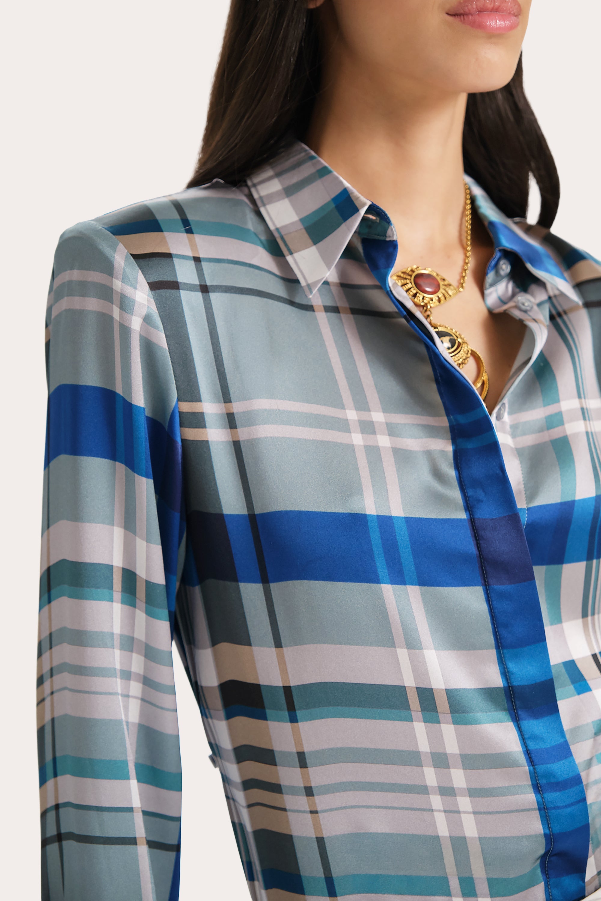 Elie Tahari Emma bluzka jedwabna w kratkę Blue Multi
