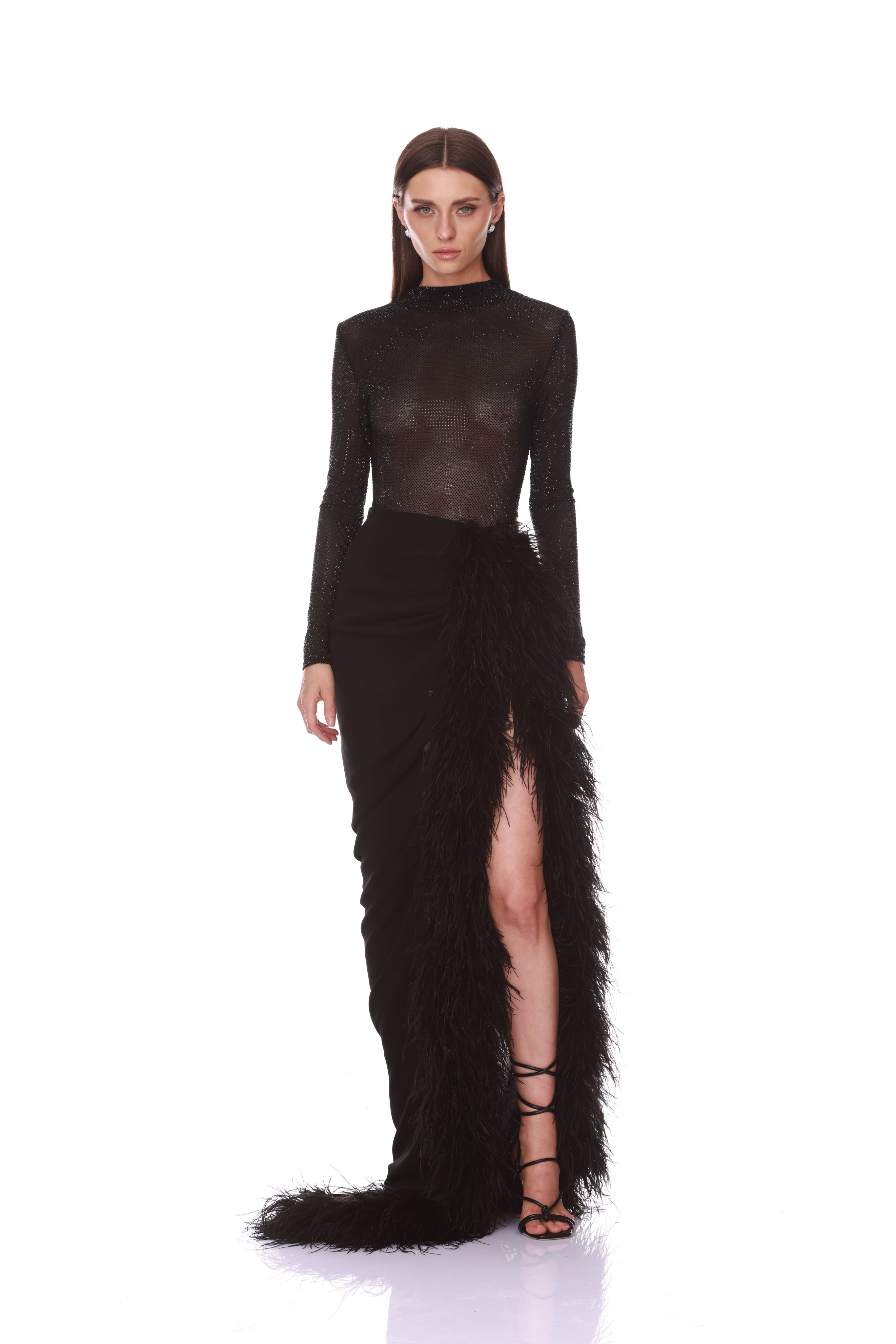 Bronx and Banco Elle Black Skirt spódnica z piórami i rozcięciem