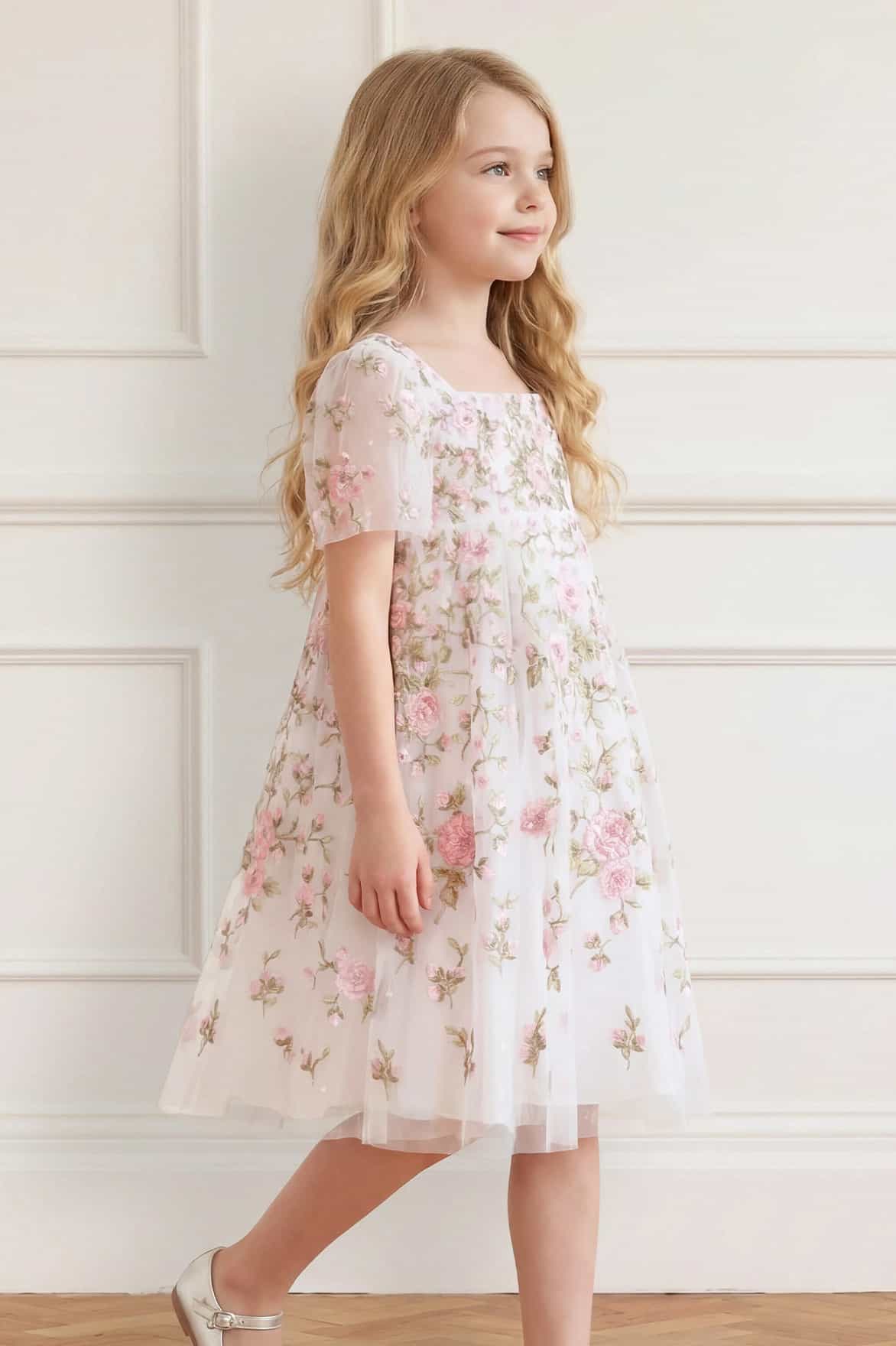 Needle & Thread Eden Rose Short Sleeve Kids Dress sukienka biała haftowana