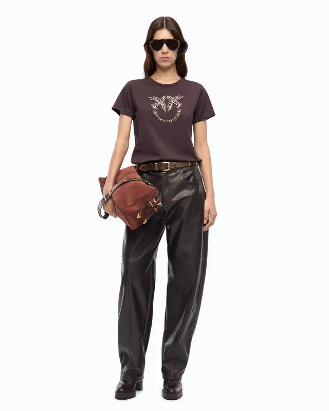 Pinko Love Birds t-shirt bawełniany brązowy kryształki