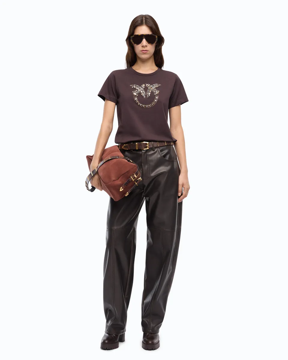 Pinko Love Birds t-shirt bawełniany brązowy kryształki