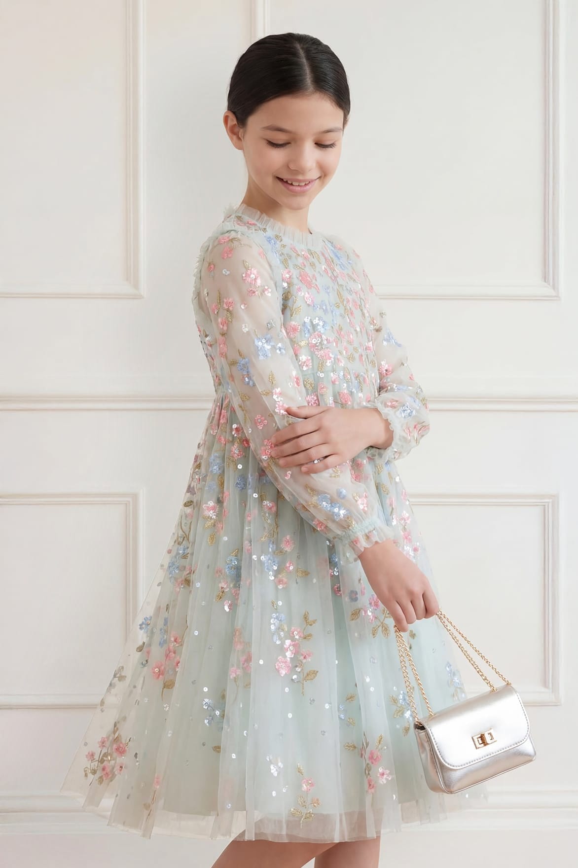 Needle & Thread Versailles Ditsy Long Sleeve Kids Dress sukienka zielona