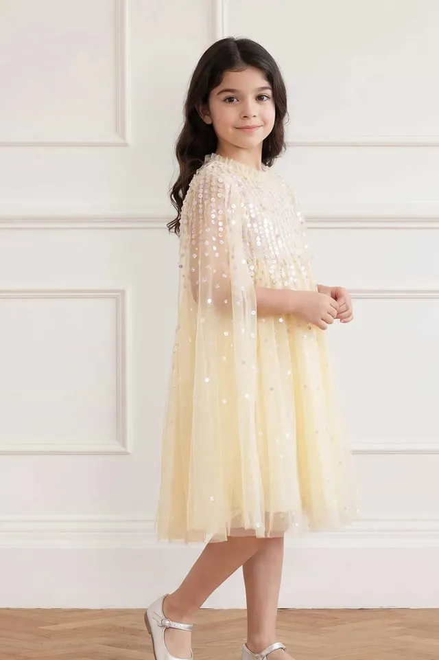 Needle & Thread Moonlight Sequin Cape Kids Dress sukienka żółta cekinowa