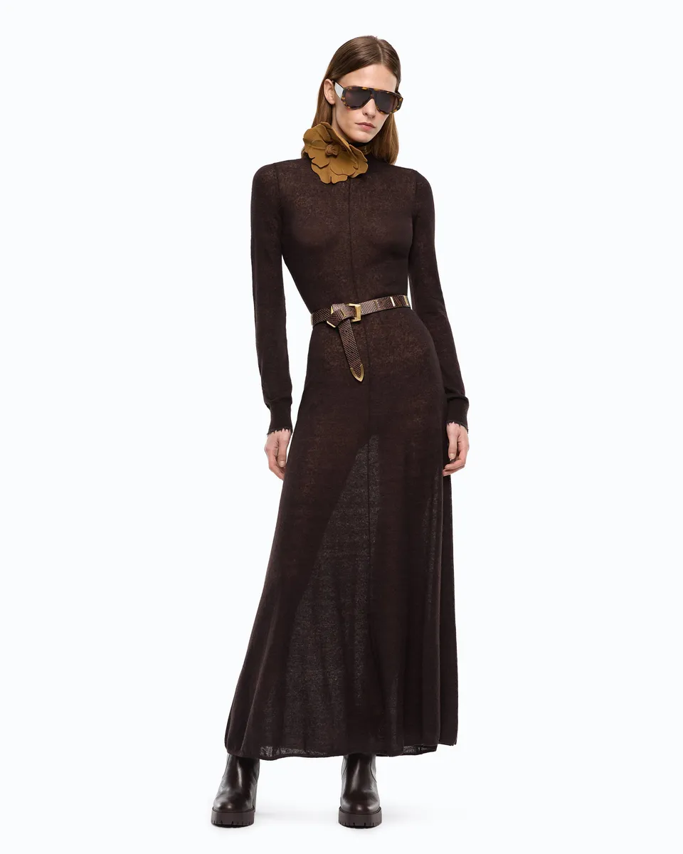 Pinko Leningrado Dress sukienka długa brązowa merynos