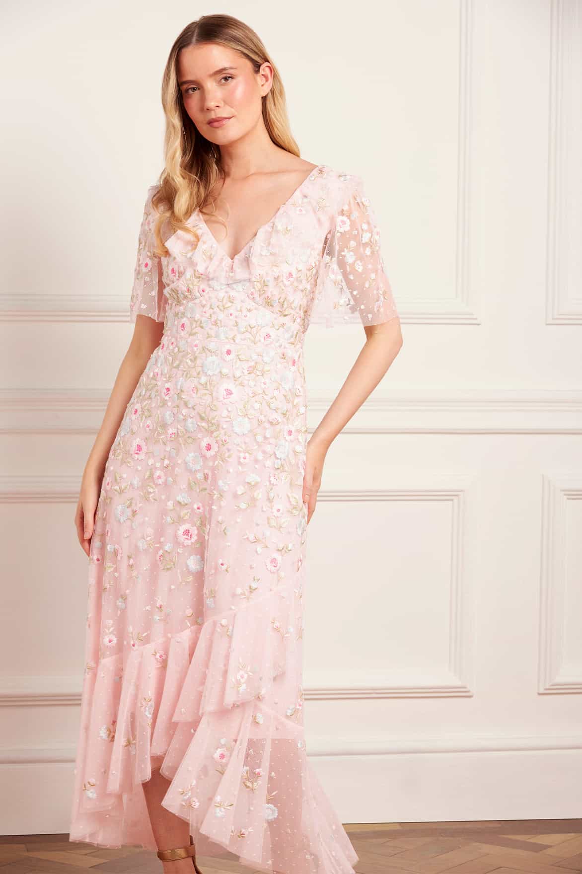 Needle & Thread Ethereal Blooms Frill Ankle Gown sukienka Pink