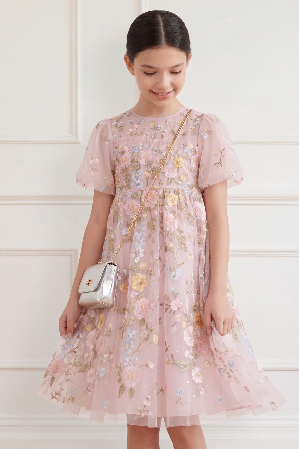 Needle & Thread Garden Rose Puff Sleeve Kids Dress sukienka różowa