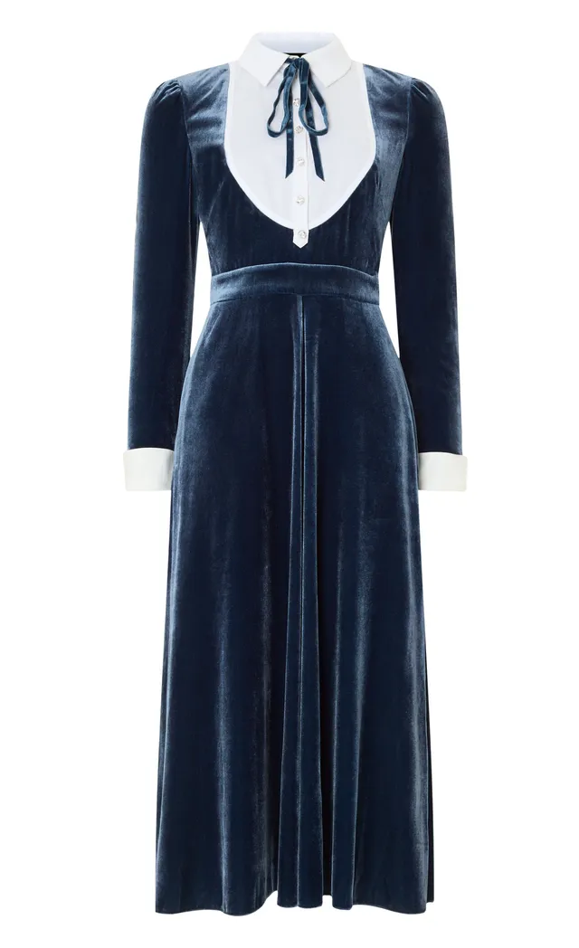Temperley London Pompidou sukienka Slate Blue midi aksamit