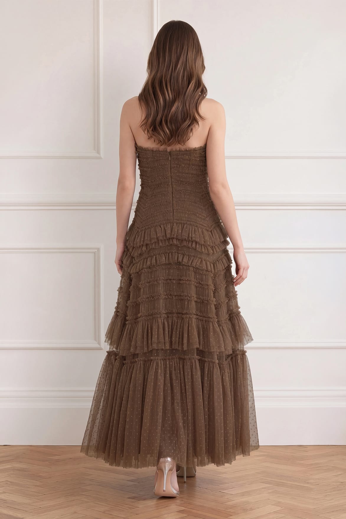 Needle & Thread Valentine Ruffle Strapless Gown sukienka brązowa